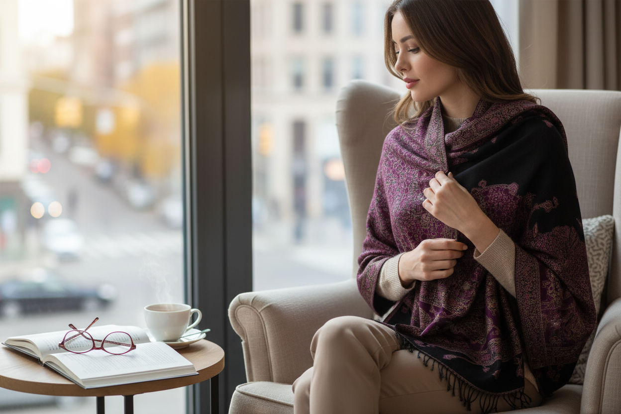 Traditional Wool Shawl With Purple Border